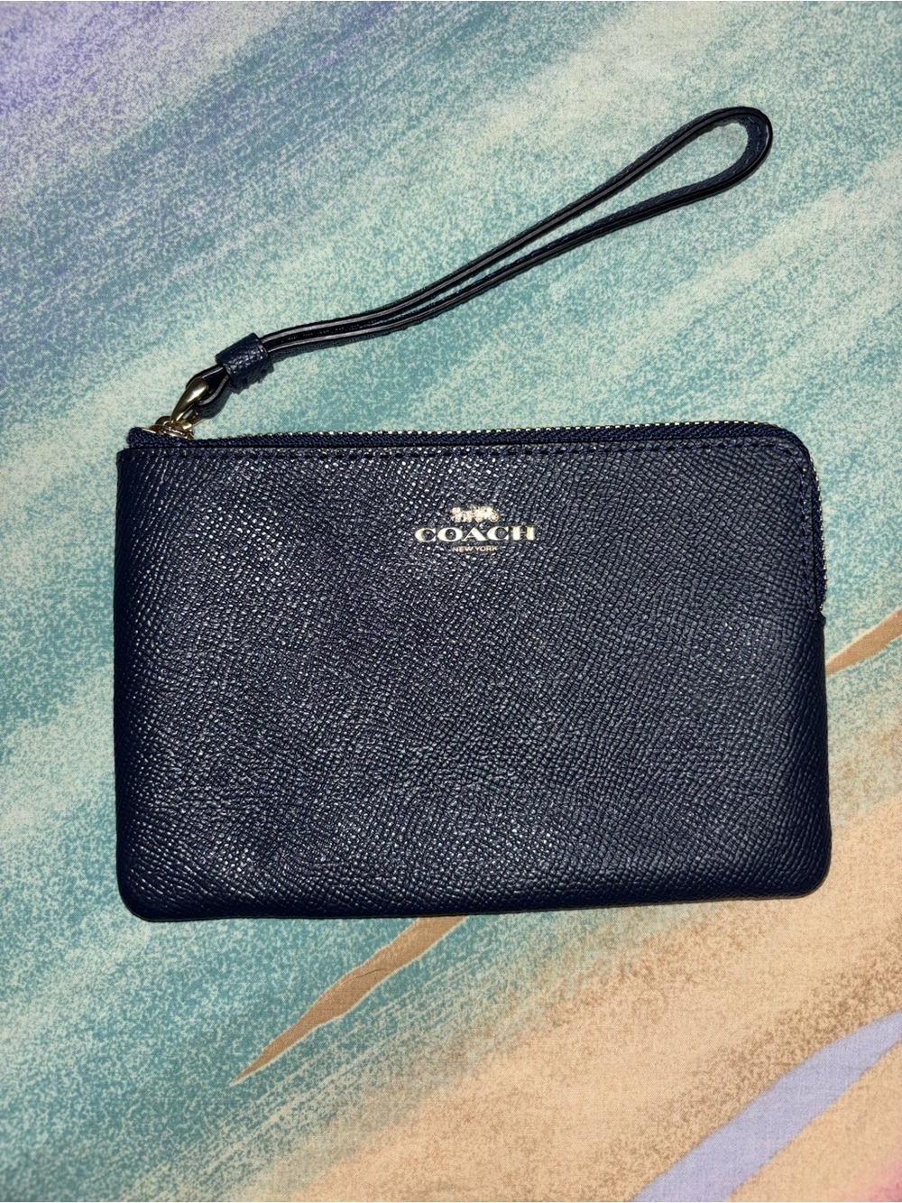Coach Midnight Blue Crossgrain Leather Corner Zip Wristlet Wallet